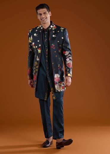 Blue Art Silk Mens Indowestern Kurta Pant Set