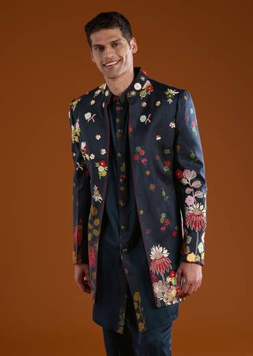 Blue Art Silk Mens Indowestern Kurta Pant Set