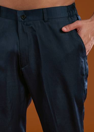 Blue Art Silk Mens Indowestern Kurta Pant Set