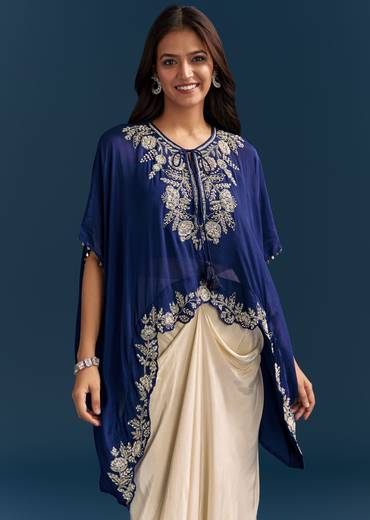 Blue Cape Crop Top Skirt Set With Embroidered Details