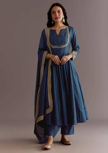 Blue Chanderi Anarkali Dupatta Suit With Gotta And Moti Detail