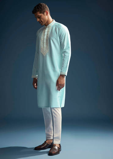 Blue Chanderi Kurta Set For Men With Kashmiri Hand Work