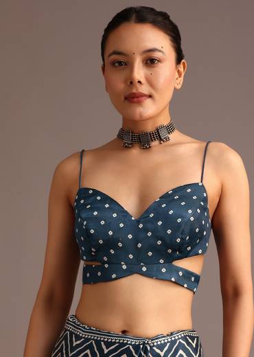 Blue Chevron And Ajrakh Printed Satin Saree