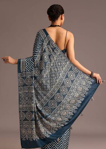 Blue Chevron And Ajrakh Printed Satin Saree