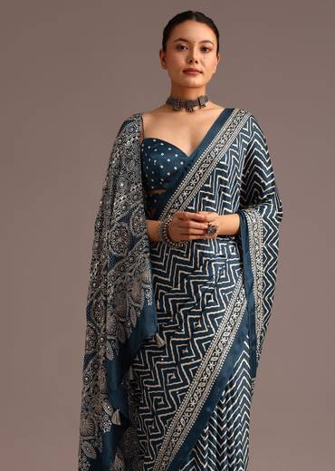 Blue Chevron And Ajrakh Printed Satin Saree