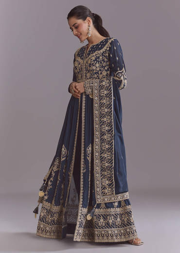 Blue Chinon Anarkali Suit With Embroidery And Front Slit