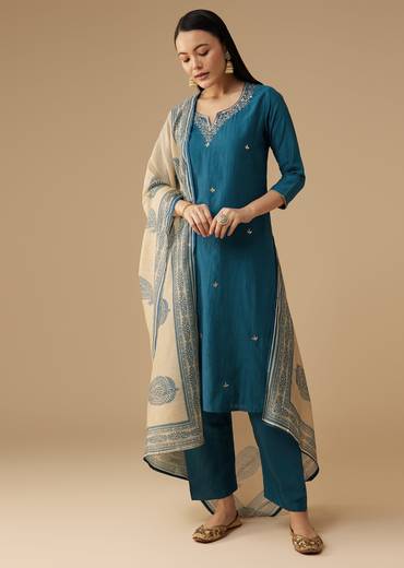 Blue Cotton Silk Gota Embroidered Kurta Set