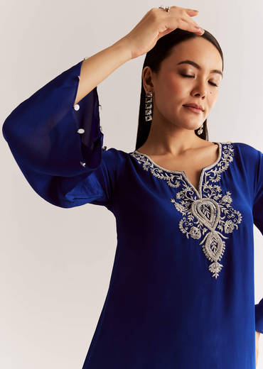 Blue Crepe Kurta Set With Silver Zardosi And Asymmetrical Cut