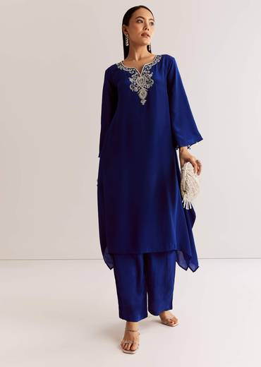 Blue Crepe Kurta Set With Silver Zardosi And Asymmetrical Cut
