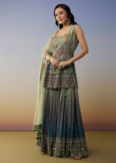 Blue Crepe Palazzo Suits with Ombre Printed Mirror Work