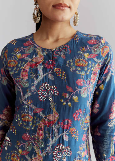 Blue Crepe Printed Co Ord Set With Sequins And Beads Work