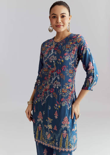 Blue Crepe Printed Co Ord Set With Sequins And Beads Work