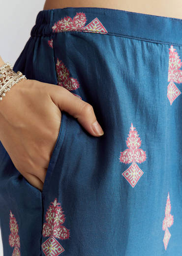 Blue Crepe Printed Co Ord Set With Sequins And Beads Work