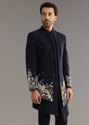 Blue Cutdana Embroidered Indo Western Set With Bird And Floral Motif