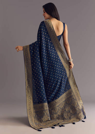 Blue Dola Silk Saree With Zari Border And Butti Work