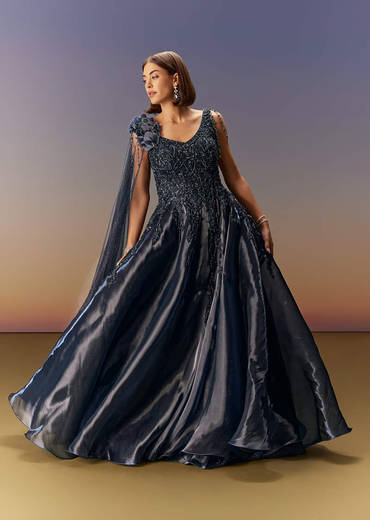 Blue Embroidered Gown With Asymmetric Shoulder Cape