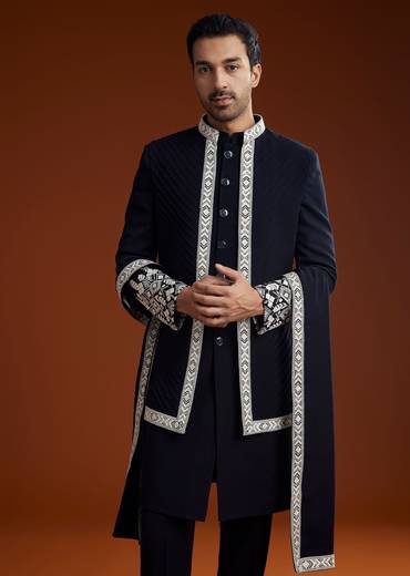 Blue Embroidered Indo Western Jacket Set With Dupatta