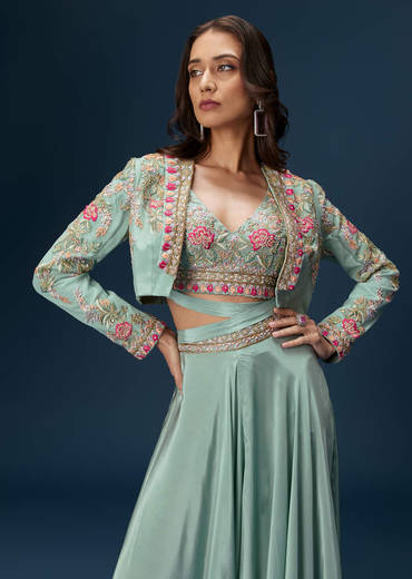 Blue Embroidered Palazzo Set With Coordinated Jacket And Blouse