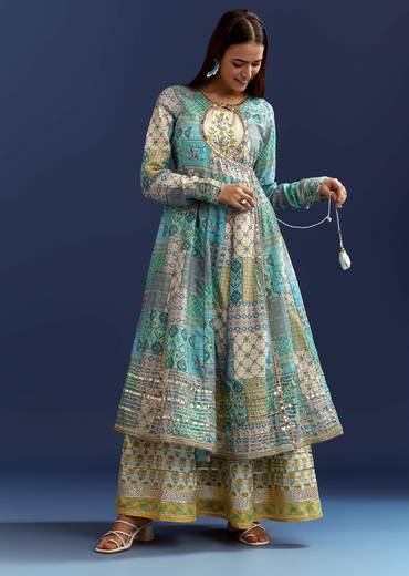 Blue Floral Angrakha Jacket With Gotta Lace Kurta