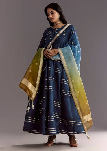 Blue Gotta Work Anarkali Suit With Ombre Organza Dupatta
