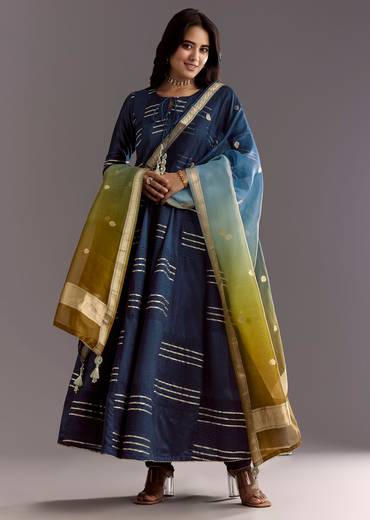 Blue Gotta Work Anarkali Suit With Ombre Organza Dupatta