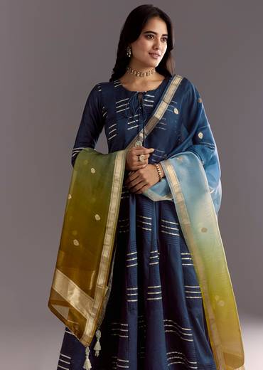 Blue Gotta Work Anarkali Suit With Ombre Organza Dupatta