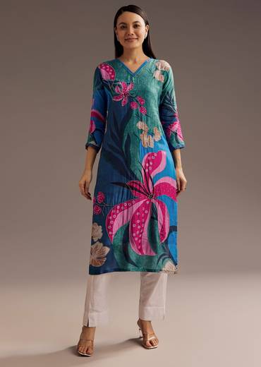 Blue Green Floral Print Beads Embellished Crepe Kurta