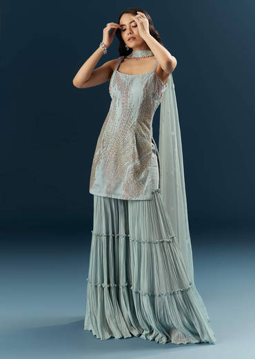 Blue Imported Net Sharara Suit With Cutdana Embroidery