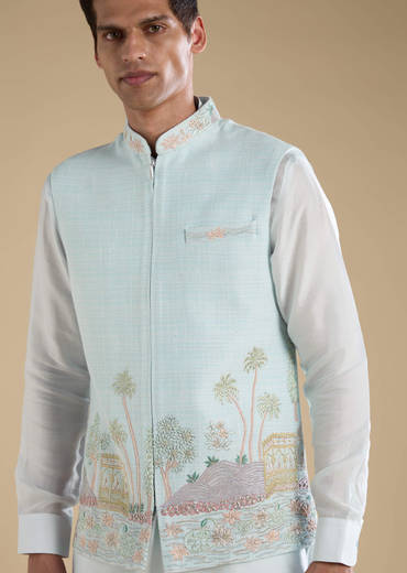 Blue Jacket Kurta Set with Resham Work