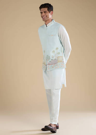 Blue Jacket Kurta Set with Resham Work