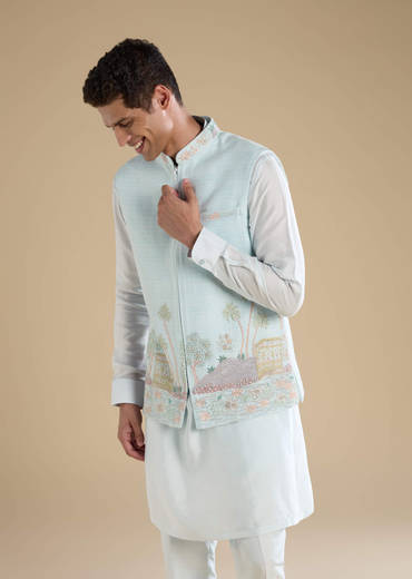 Blue Jacket Kurta Set with Resham Work