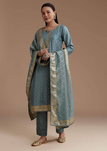 Blue Jacquard Weave Silk Kurta Set with Zardosi