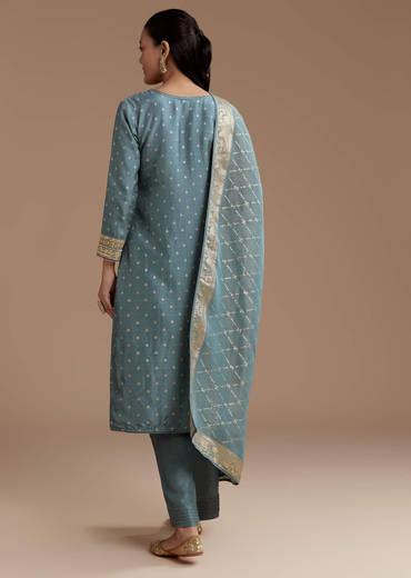Blue Jacquard Weave Silk Kurta Set with Zardosi