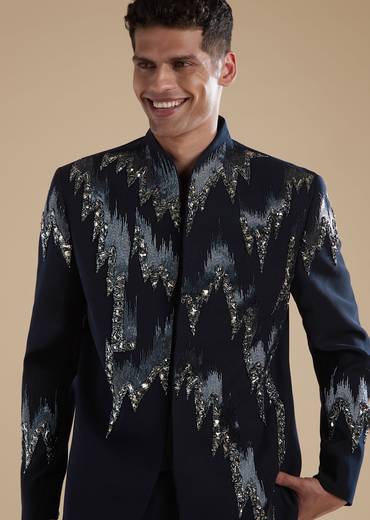 Blue Jodhpuri Set With Cut Dana Metal Detail Work