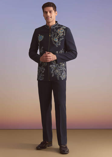 Blue Kurta Jacket Set For Men With Sequins And Moti Work