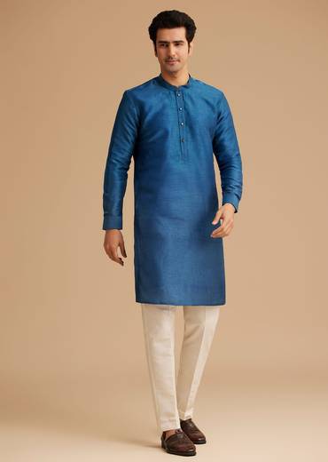 Blue Kurta Jacket Set With Resham Embroidery And Handworked Collar
