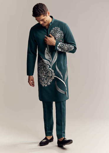 Blue Kurta Set For Men With Floral Print And Beads Work On Suiting Fabric