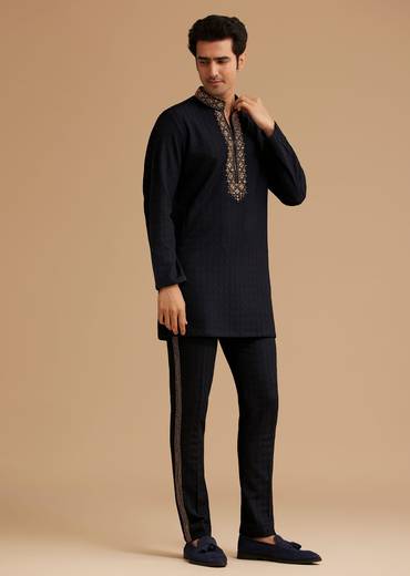 Blue Kurta Set With Moti And Mirror Embroidery