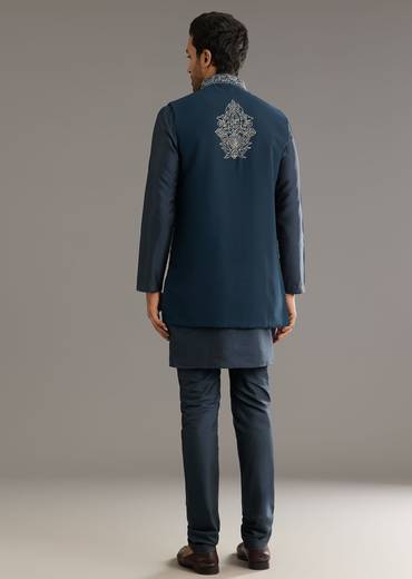 Blue Kurta Set With Thread Embroidered Jacket