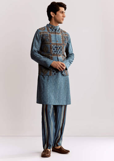 Blue Linen Kurta Jacket Set With Ajrakh Print