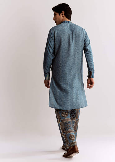 Blue Linen Kurta Set With Ajrakh Print
