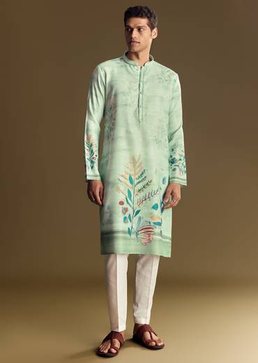 Blue Linen Kurta Set With All Over Floral Print And Mandarin Collar