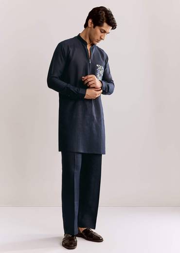 Blue Linen Kurta Set With Embroidery