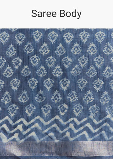Blue Linen Printed Saree With Traditional Ajrakh Leaf Print