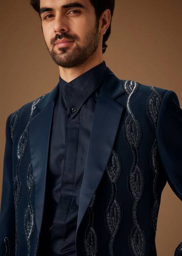 Blue Linen Tuxedo With Hand Embroidery