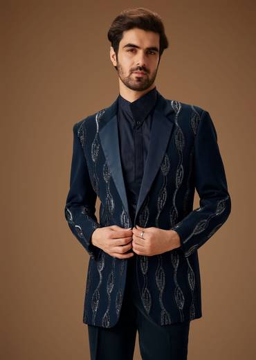 Blue Linen Tuxedo With Hand Embroidery