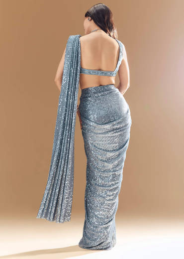 Blue Metallic Shimmer Ready Pleated Saree with Blouse