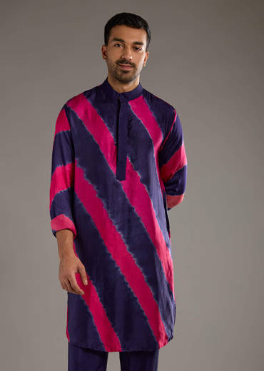 Blue Modal Kurta Set For Men With Hand Dyed Leheriya Print
