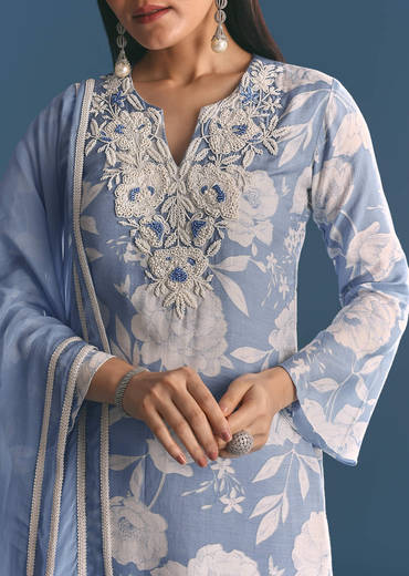Blue Muslin Floral Print Kurta Sharara Suit With Moti Cutdana Work