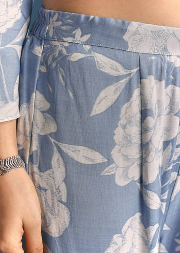 Blue Muslin Floral Print Kurta Sharara Suit With Moti Cutdana Work